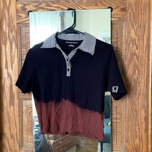 Black cropped polo dip dyed in bleach gingham collar